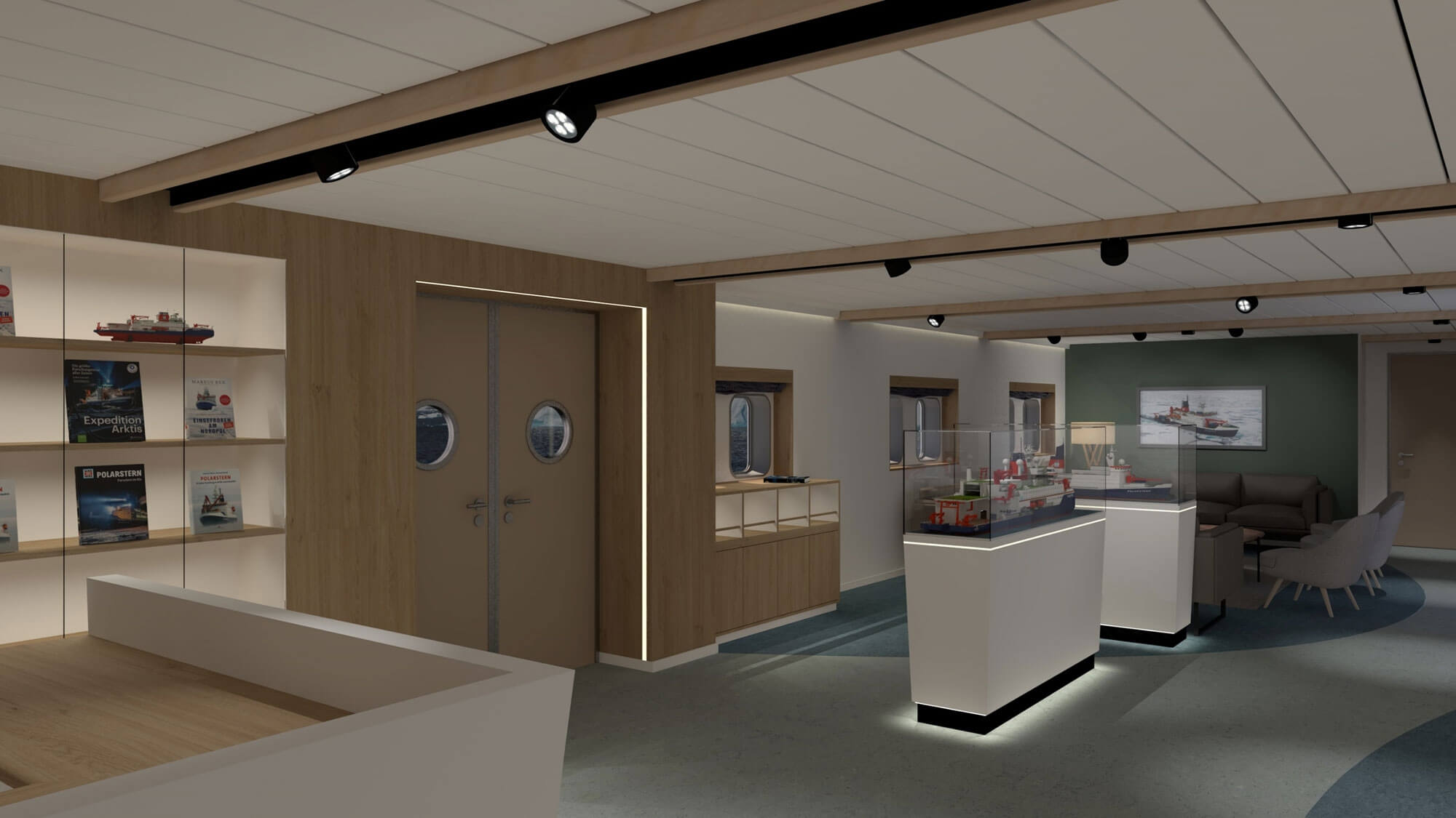 3D-Rendering des Aufenthaltsbereichs im Forschungsschiff Polarstern