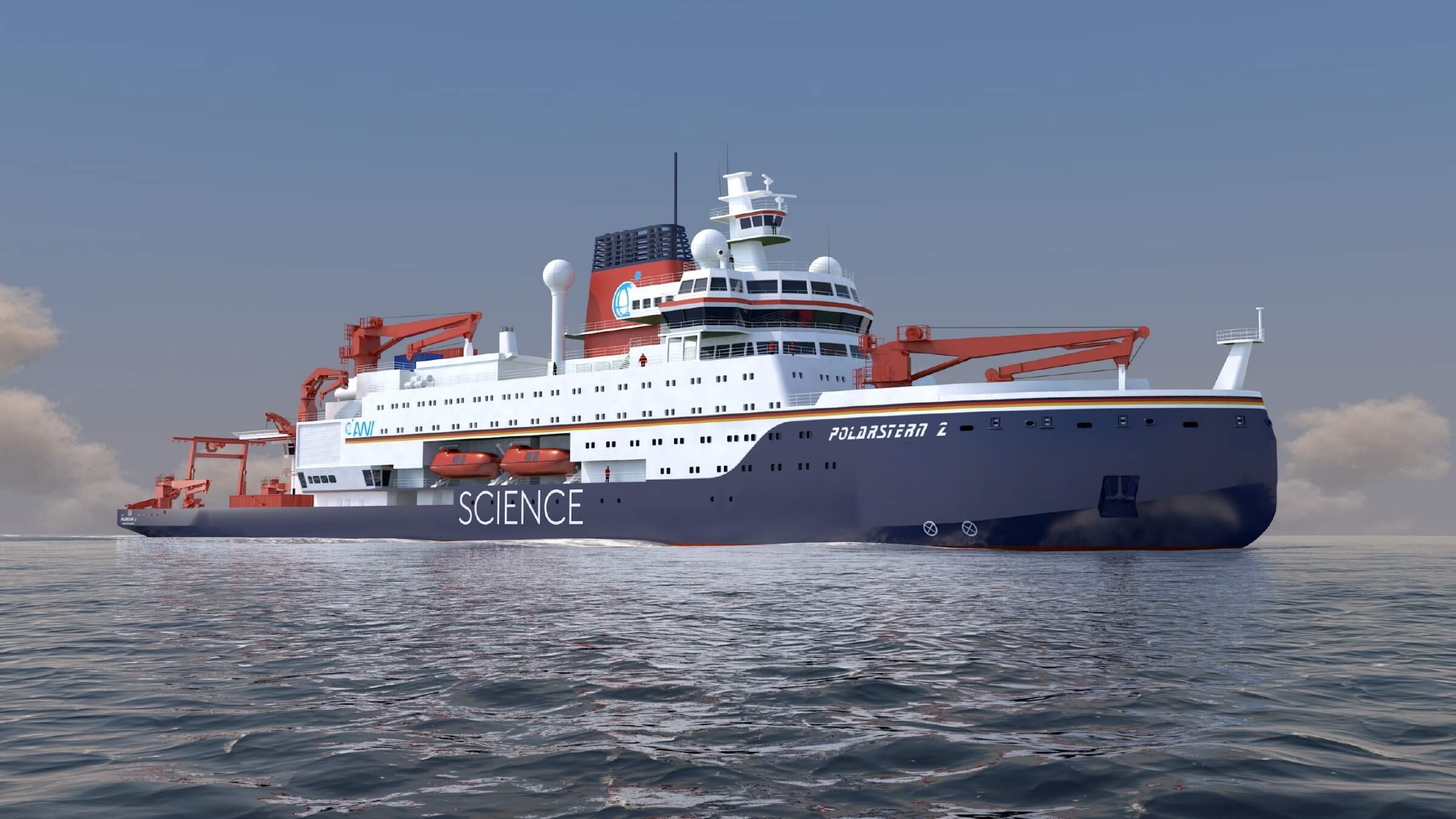 Rendering des Forschungsschiffs Polarstern auf dem Meer
