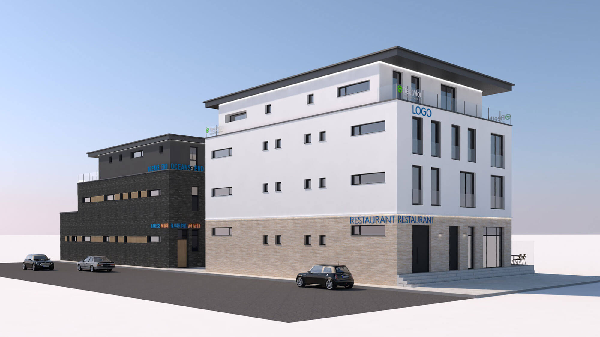Architekturrendering eines mehrgeschossigen Gebäudes