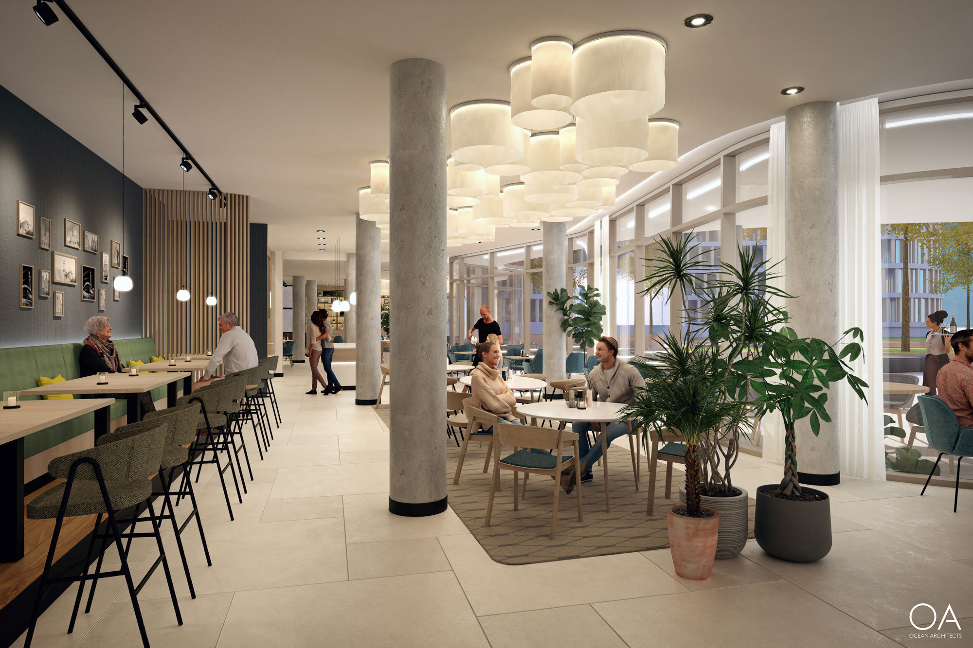 Helle Hotelbar mit Pflanzen und Sitzbereichen