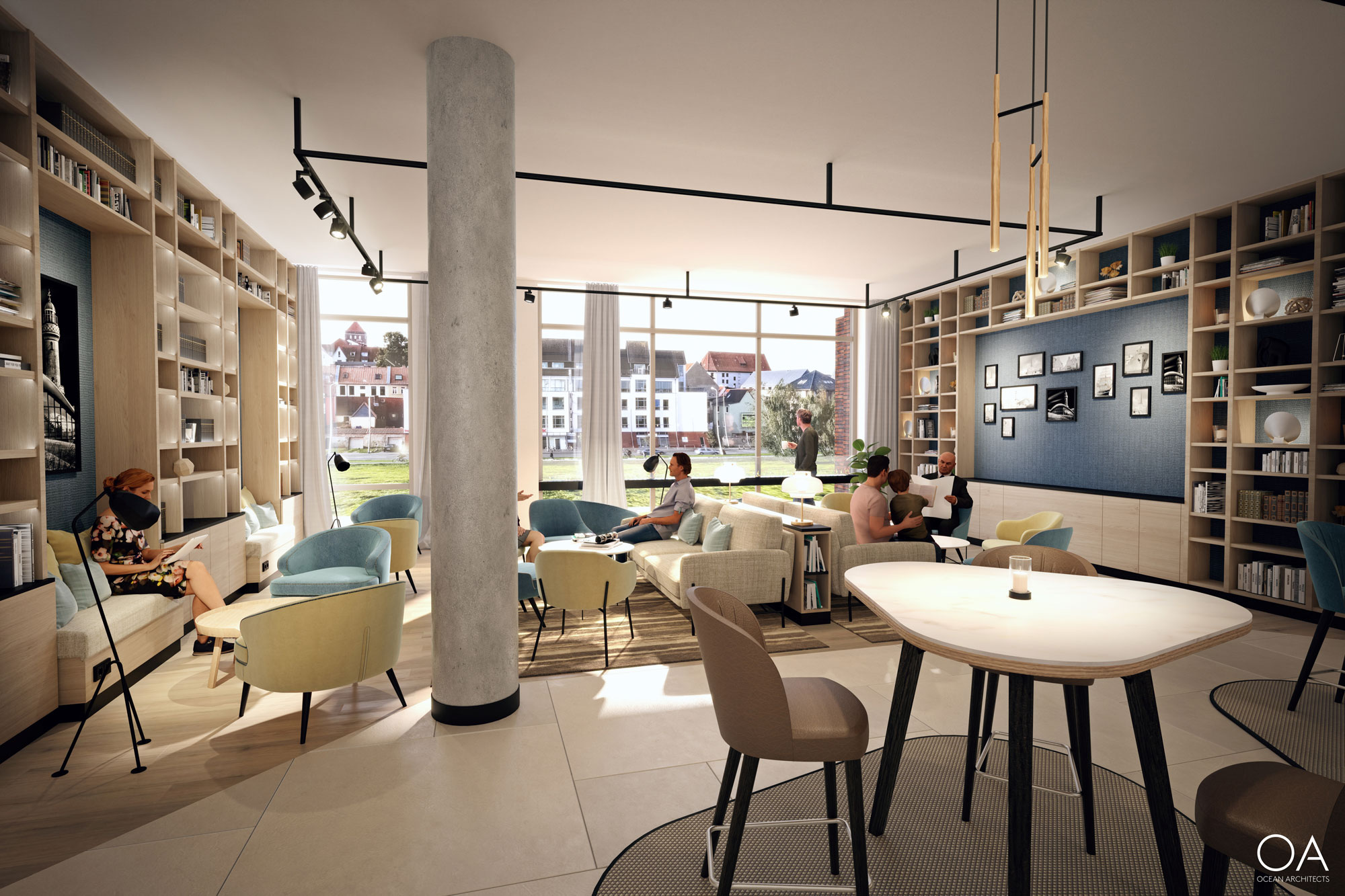 Offener Lounge- und Arbeitsbereich im Hotel