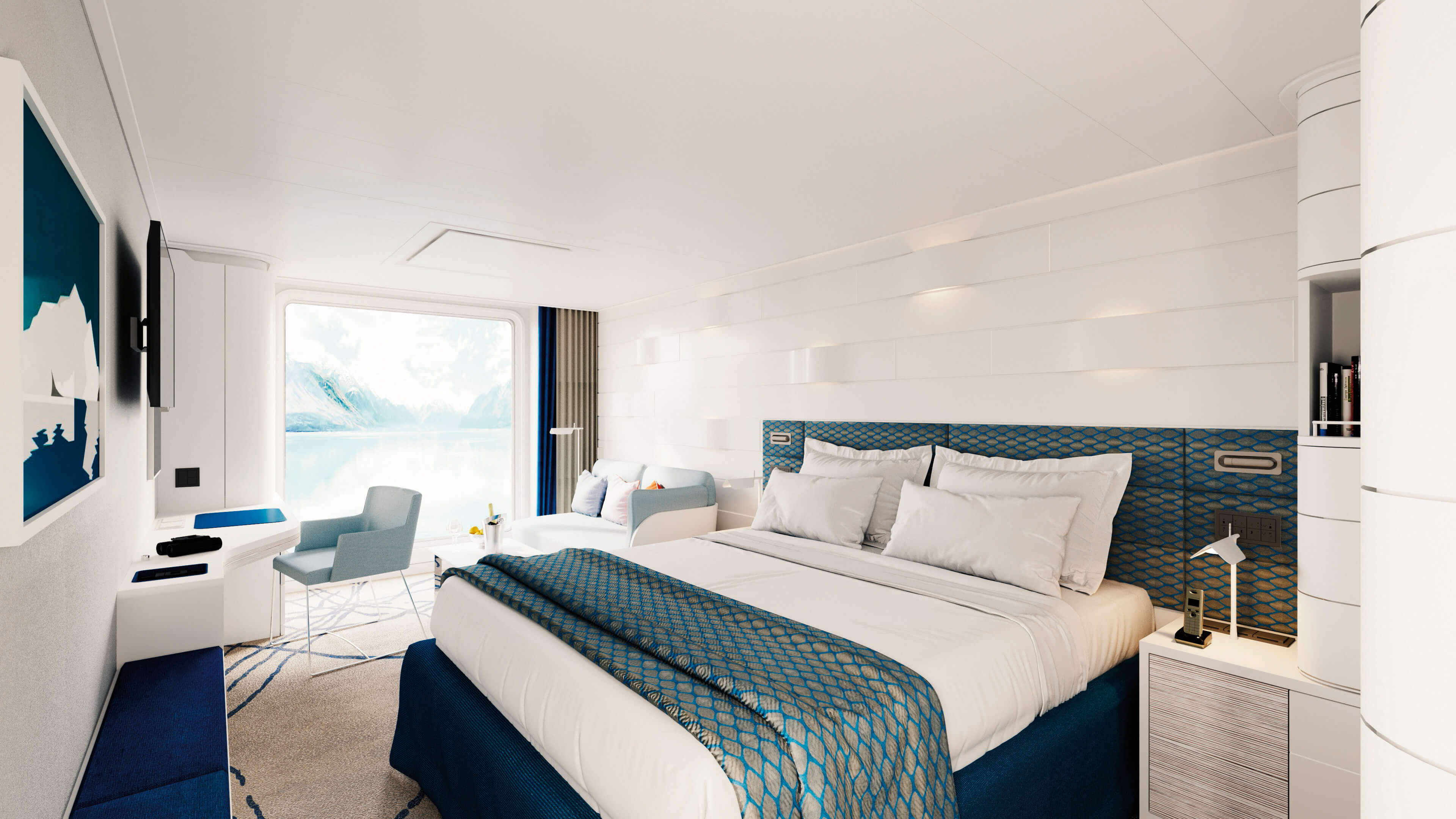 Panorama-Suite mit großem Bett und Fensterfront